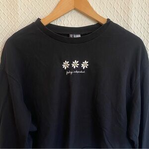 Divided Black Floral Crop Top. Embroidered Daisies. “Feeling Independent” Large.